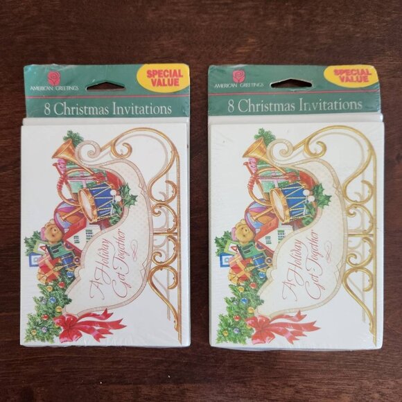Lot of 2 Vintage American Greetings Christmas Invitations Sleigh with Presents - Picture 1 of 6